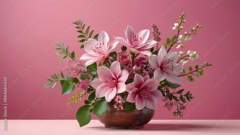 Pink Flower Bouquet in a Brown Vase on a Pink Background. Pink Flower Bouquet in a Brown Vase on a Pink Background.
