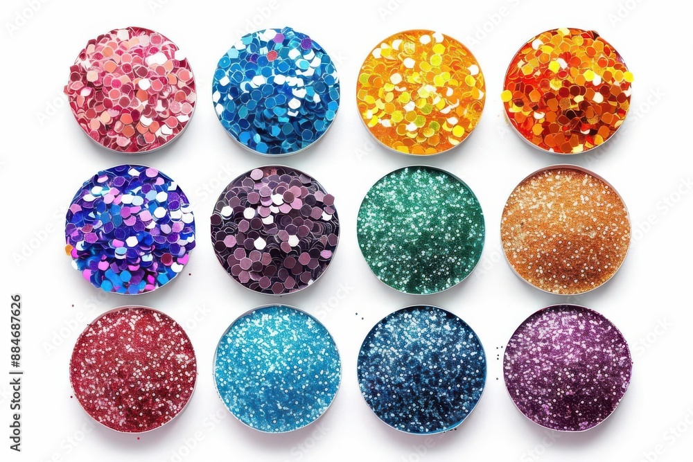Isolated top view of colorful glitter set on white background, shiny and festive, perfect for celebration and decoration themes, no shadow, copy space Isolated top view of colorful glitter set on white background, shiny and festive, perfect for celebration and decoration themes, no shadow, copy space