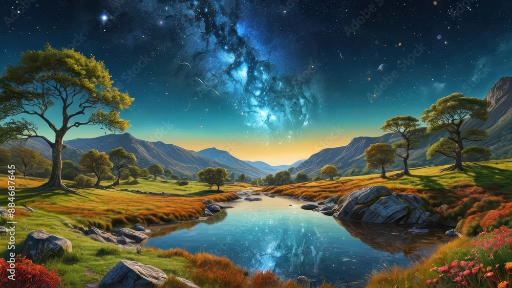 Obraz premium Serene Landscape with a Starry Night Sky.