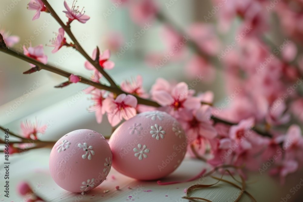 Pastel pink easter eggs with delicate patterns among cherry blossom branches Pastel pink easter eggs with delicate patterns among cherry blossom branches