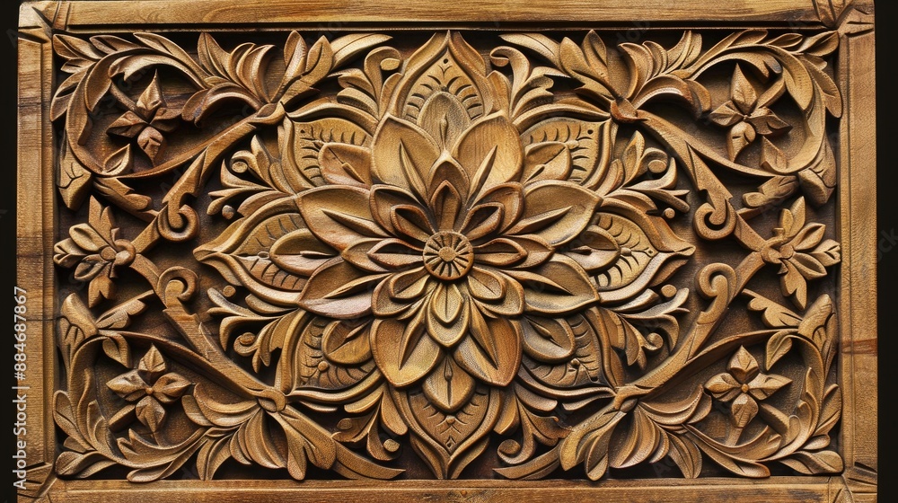 Floral Carved Wooden Panel with Moroccan Patterns in Africa Floral Carved Wooden Panel with Moroccan Patterns in Africa