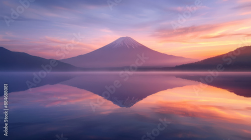 A photograph of a tranquil mountain reflected on a calm lake at sunrise, soft pinks and oranges in the sky, the mountain's peak glowing warmly
