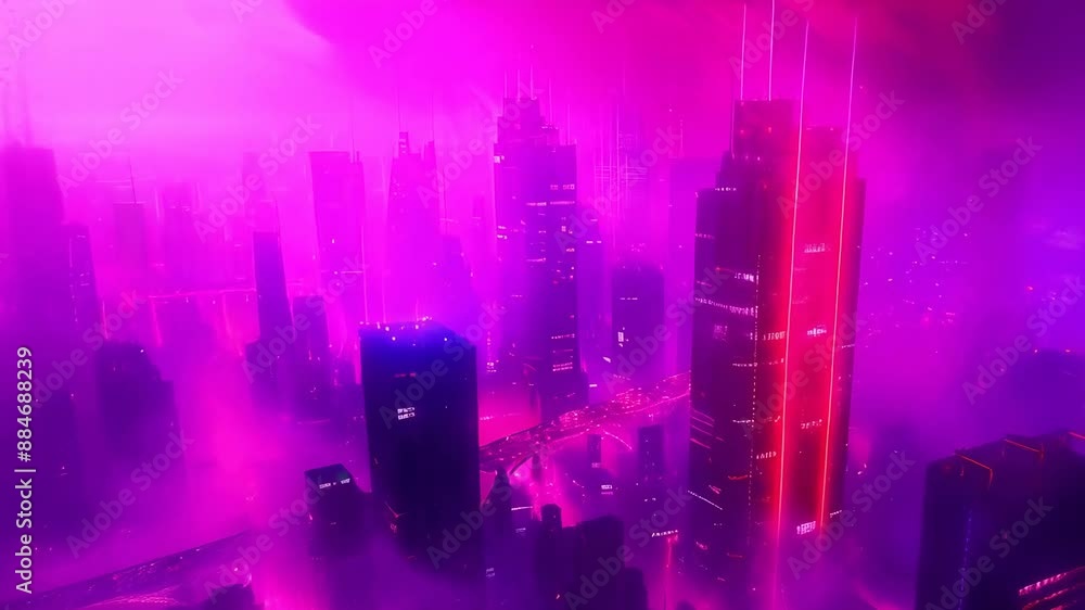 A futuristic cityscape is filled with towering skyscrapers glowing with vibrant pink and purple neon lights. The city scene, bathed in a mystical mist, portrays a cyberpunk aesthetic during dusk. A futuristic cityscape is filled with towering skyscrapers glowing with vibrant pink and purple neon lights. The city scene, bathed in a mystical mist, portrays a cyberpunk aesthetic during dusk.