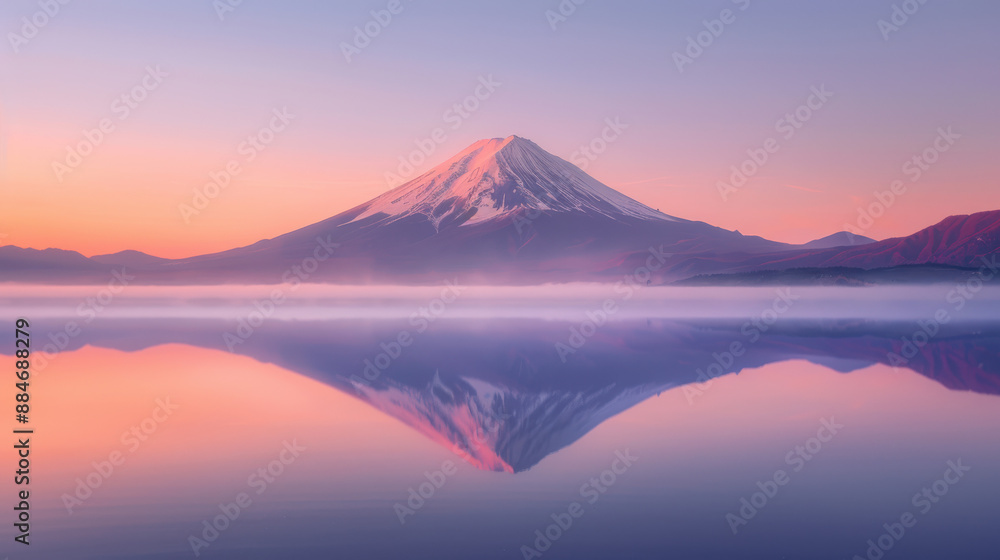 A photograph of a tranquil mountain reflected on a calm lake at sunrise, soft pinks and oranges in the sky, the mountain's peak glowing warmly A photograph of a tranquil mountain reflected on a calm lake at sunrise, soft pinks and oranges in the sky, the mountain's peak glowing warmly
