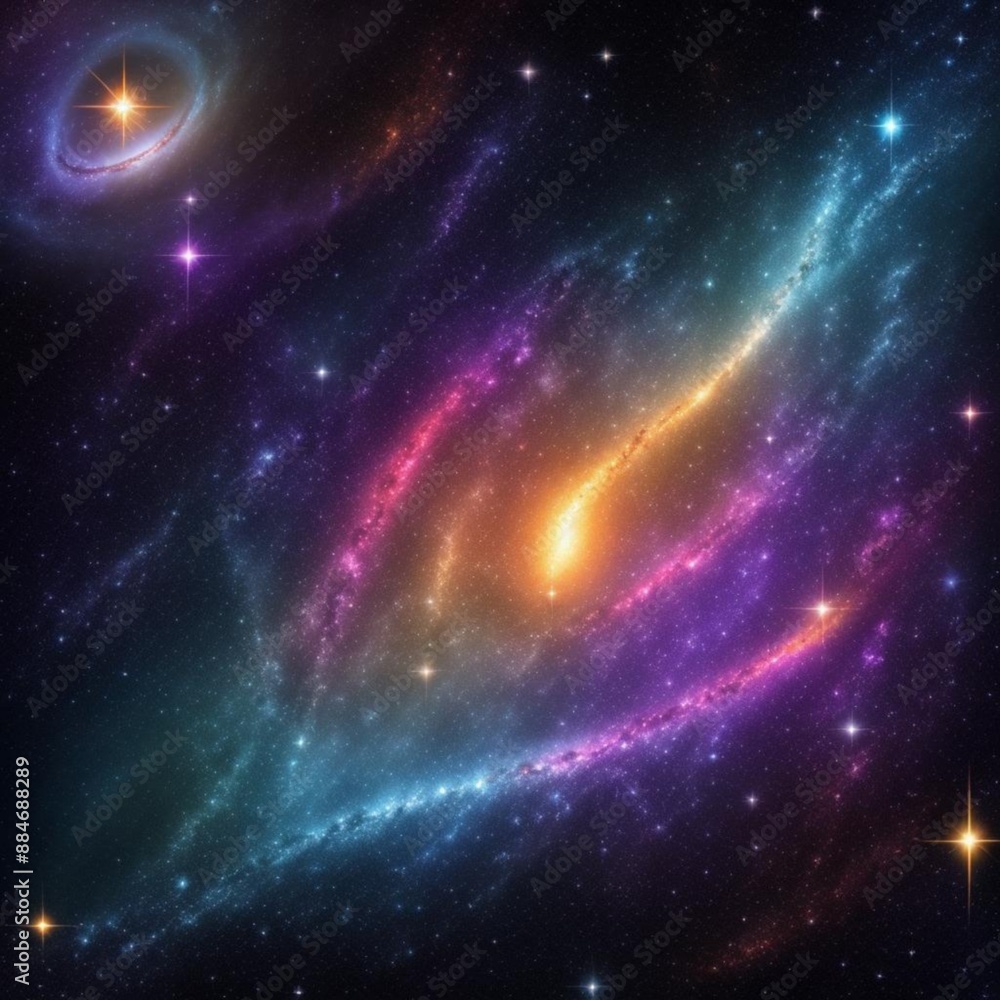 Fototapeta premium Cosmic voyage, celestial dance of space scene with swirling galaxy, nebula, and distant planet, power and energy of swirling galaxies and dark matter in space, glowing star fantastic background