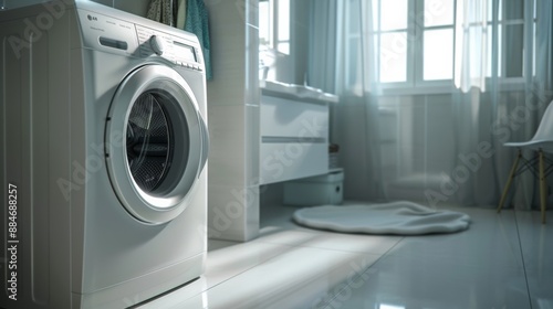 Wallpaper Mural Real laundry room with home washing machine Modern washing machine and laundry in the bathroom. Torontodigital.ca