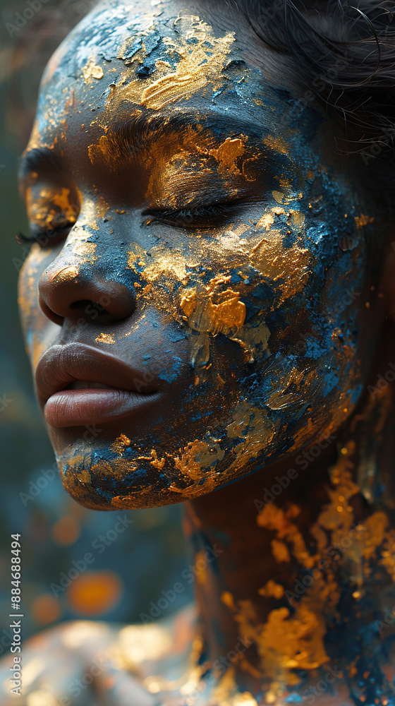 Artistic Painted Face With Blue And Gold Colors Of Gorgeous Female Model On Blurry Background Artistic Painted Face With Blue And Gold Colors Of Gorgeous Female Model On Blurry Background