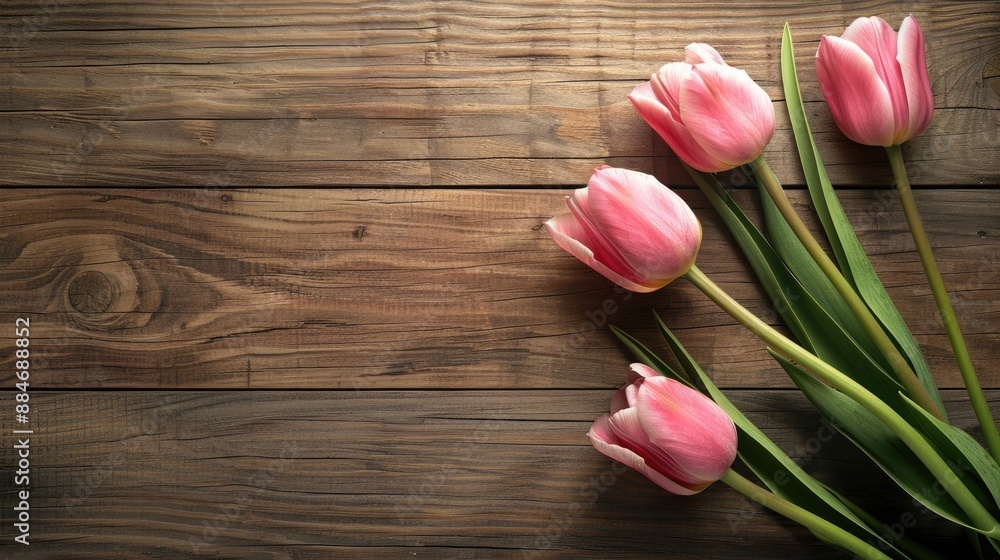 Pink tulip flowers on wooden table with space for message Pink tulip flowers on wooden table with space for message