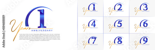 anniversary logotype set vector, gold and blue color with swoosh for special day celebration