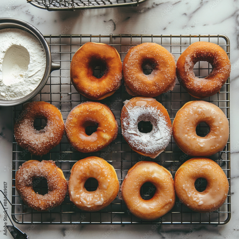 Overhead shot of donuts being made Overhead shot of donuts being made