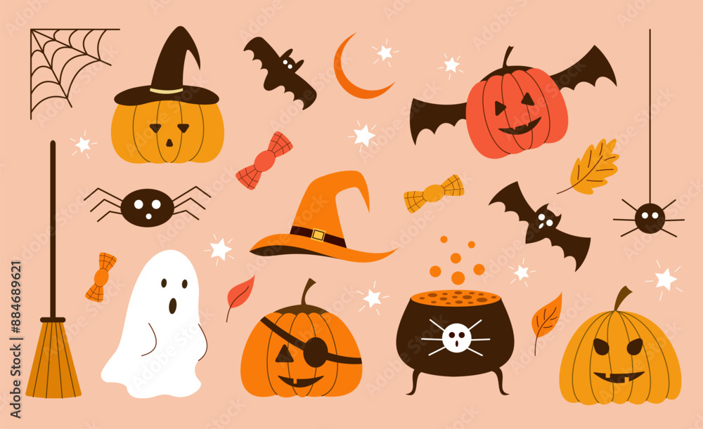 Naklejka premium Halloween elements set. Pumpkin, cauldron, cobweb, ghost, cauldron, spider, broom. Flat vector illustration.