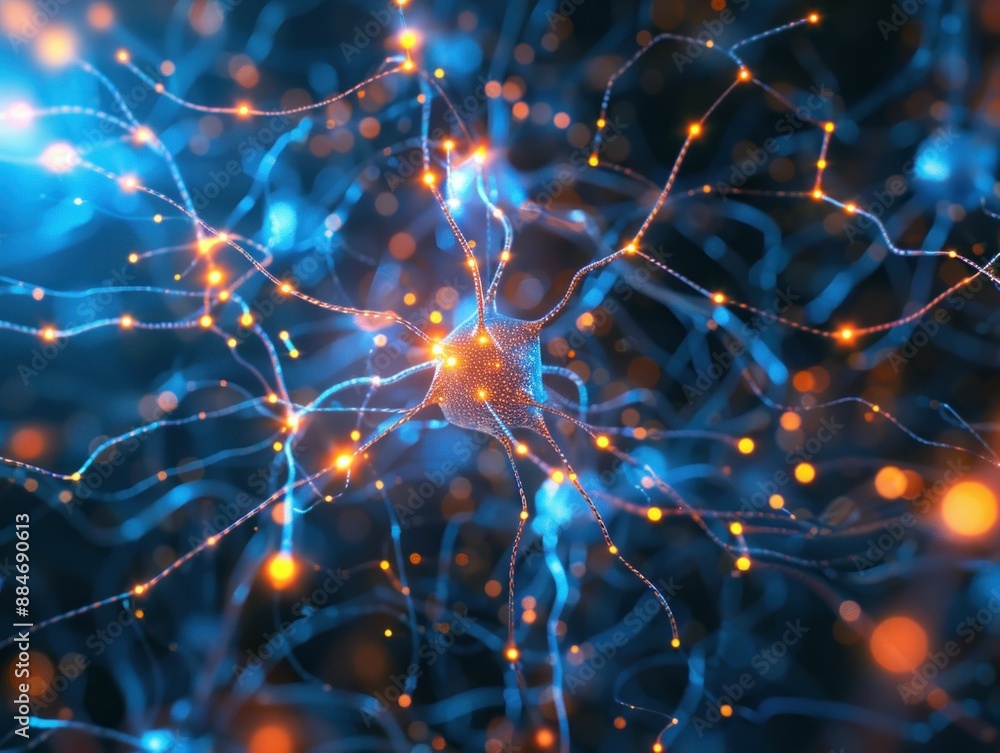 Neurons in the brain with glowing blue and orange lights in the background, medical science concept Neurons in the brain with glowing blue and orange lights in the background, medical science concept