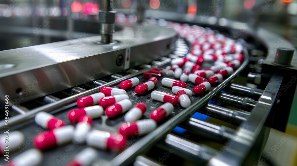 Close-up photograph of the medical capsule filling process by machinery. Close-up photograph of the medical capsule filling process by machinery.