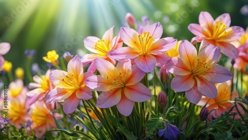 Pink and Yellow Flowers in Sunlight. © BOJOShop