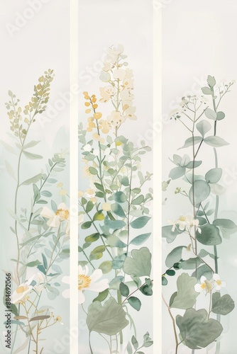 Wallpaper Mural Botanical triptych with floral compositions in pastel tones, creating a serene atmosphere. Torontodigital.ca