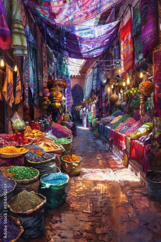 Fototapeta premium Vibrant market in a Moroccan bazaar with colorful stalls and spices