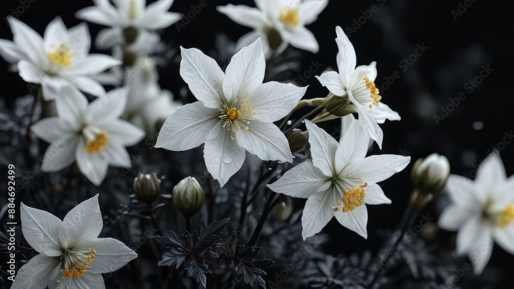 Obraz premium White Flowers on a Black Background.