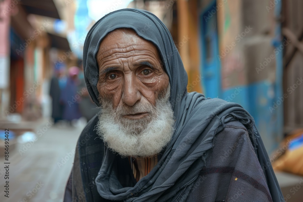 Portrait of a contemplative elderly man with a beard and turban on a city street Portrait of a contemplative elderly man with a beard and turban on a city street