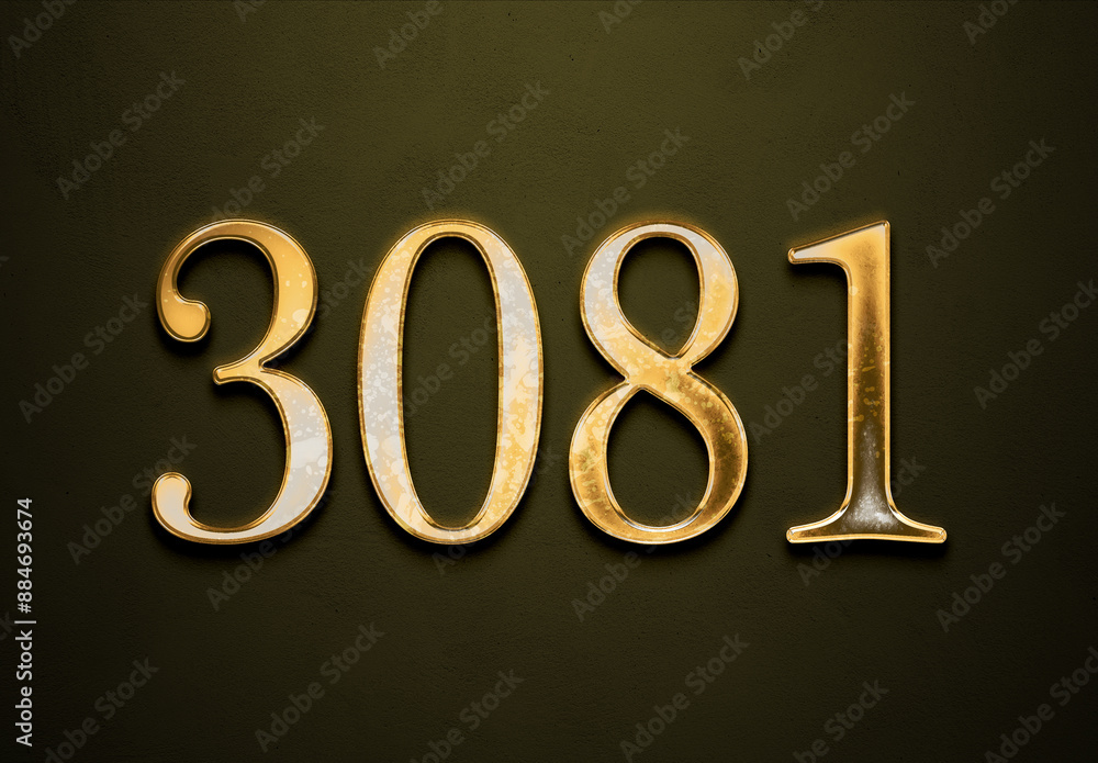 Old gold effect of 3081 number with 3D glossy style Mockup. Old gold effect of 3081 number with 3D glossy style Mockup.