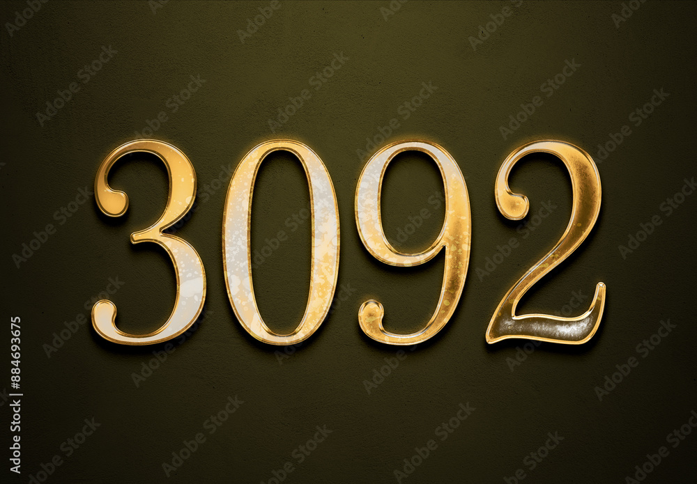 Old gold effect of 3092 number with 3D glossy style Mockup. Old gold effect of 3092 number with 3D glossy style Mockup.