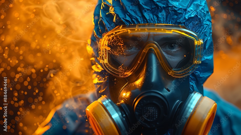 Professional construction worker wearing a high-grade dust mask, surrounded by lot of floating particles of glass wool dust in a construction site Professional construction worker wearing a high-grade dust mask, surrounded by lot of floating particles of glass wool dust in a construction site