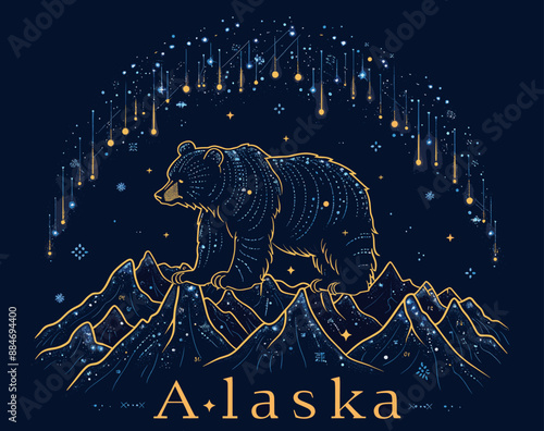 Alaska bear illustration with shooting stars and mountains, ideal for state pride, nature-themed decor, and adventure branding