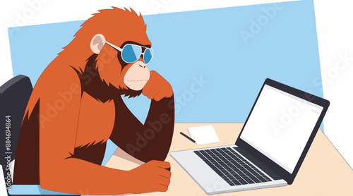 Monkey with sunglasses sitting at a desk and looking at a laptop screen