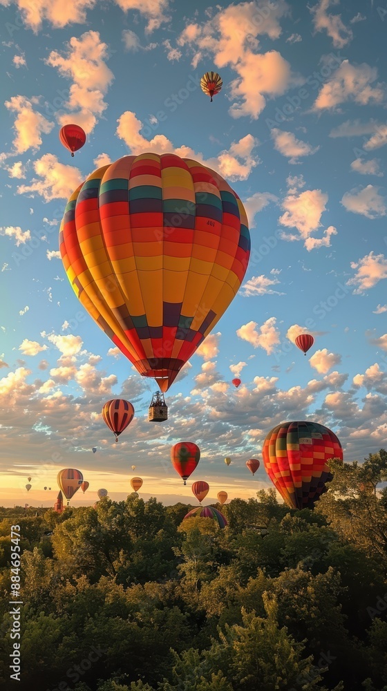 Fototapeta premium Puffy cumulus clouds forming a backdrop for hot air balloons in a clear sky, in 4K.