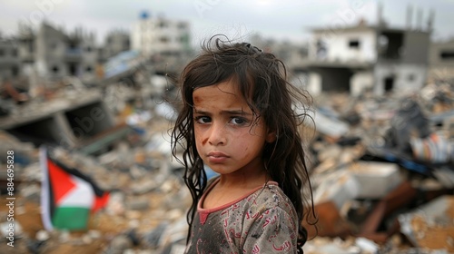 Palestinian child holding flag amidst ruins, gazing sadly at camera in dusty environment
