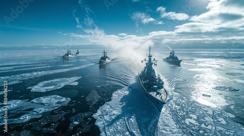 Navy patrol unit. Warships sailing in the icy Arctic waters Arctic navy maneuvers The frigate moved in formation.