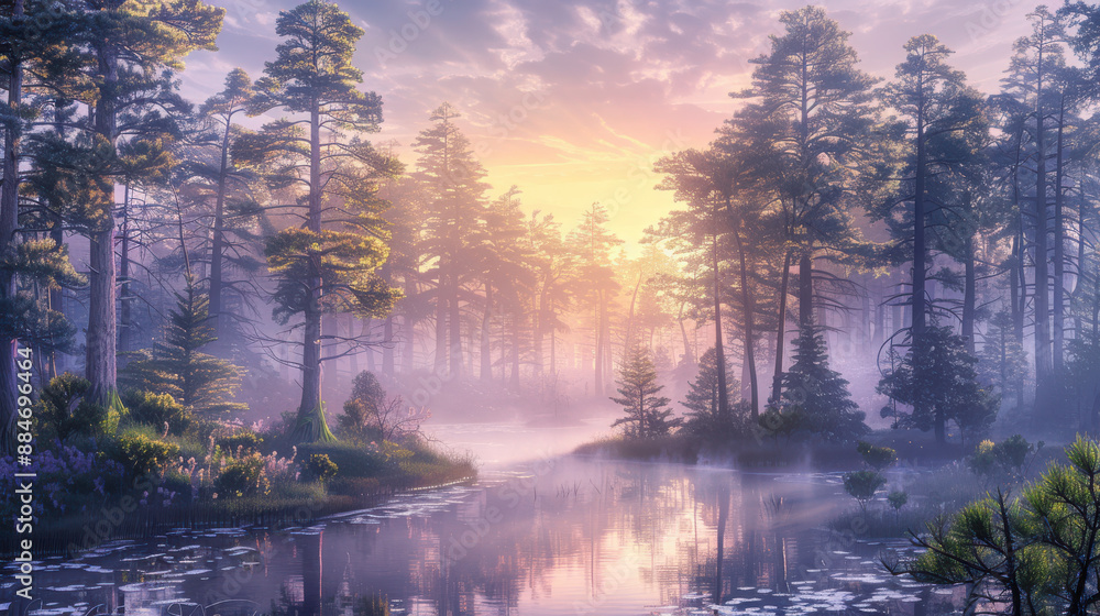 An enchanting forest scene by a winding river, towering pine trees bathed in the soft glow of dawn, mist rising from the water An enchanting forest scene by a winding river, towering pine trees bathed in the soft glow of dawn, mist rising from the water