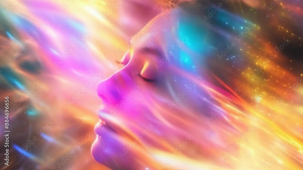 A young woman with closed eyes and a tranquil expression surrounded by ethereal, multicolored lights. The mood is serene and dreamlike, capturing a sense of peace and wonder. Evening setting. A young woman with closed eyes and a tranquil expression surrounded by ethereal, multicolored lights. The mood is serene and dreamlike, capturing a sense of peace and wonder. Evening setting.
