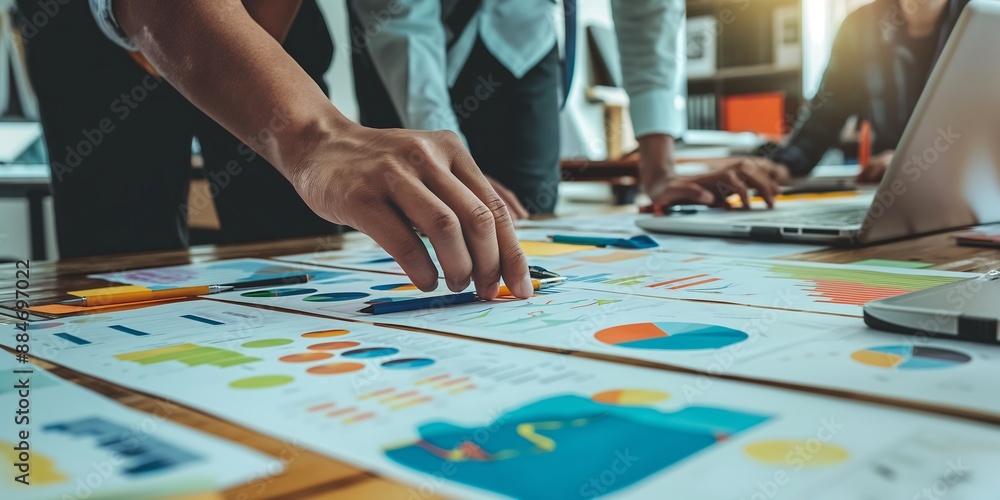 Fototapeta premium Customer Service Metrics Customer service managers analyzing service metrics to improve response times, satisfaction rates, and overall customer experience.