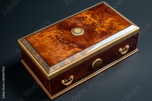 Luxurious burlwood jewelry box with brass accents, showcased on a sleek black surface photo