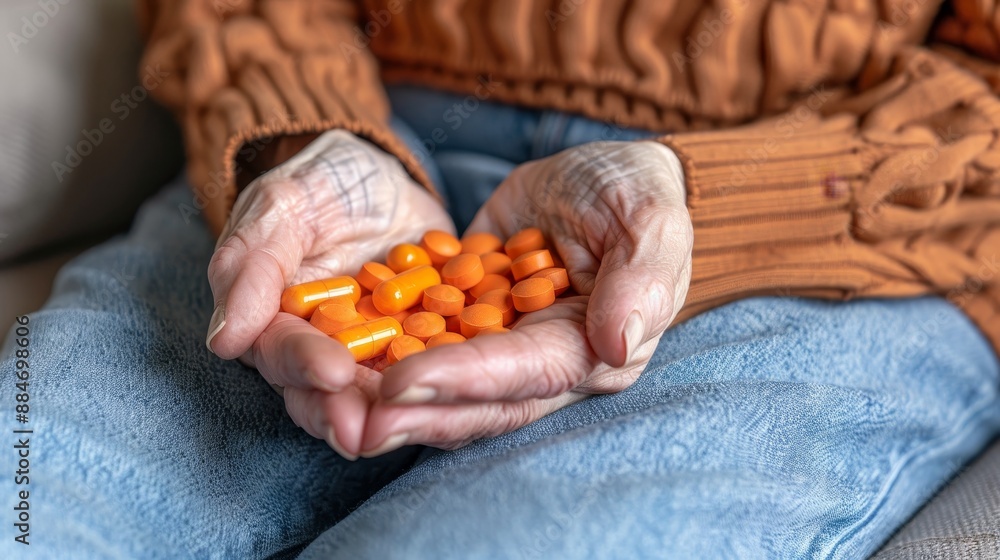 Elderly woman carefully taking prescribed medication for maintaining her health and wellbeing Elderly woman carefully taking prescribed medication for maintaining her health and wellbeing