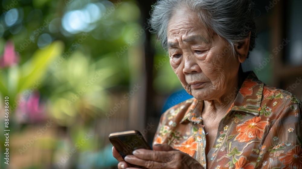 Elderly lady engaging with technology, using smartphone in older generation demographic Elderly lady engaging with technology, using smartphone in older generation demographic