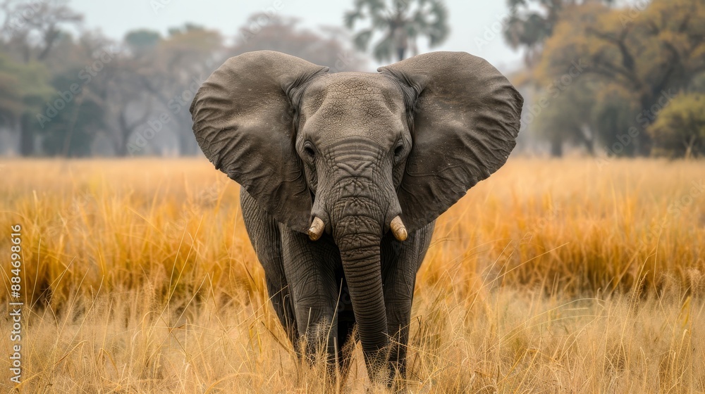 Fototapeta premium Majestic elephant in its natural safari habitat against a blurred background of the wilderness