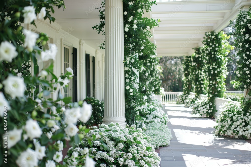 Fototapeta premium Serene view of a white columned porch alongside a blooming garden walkway