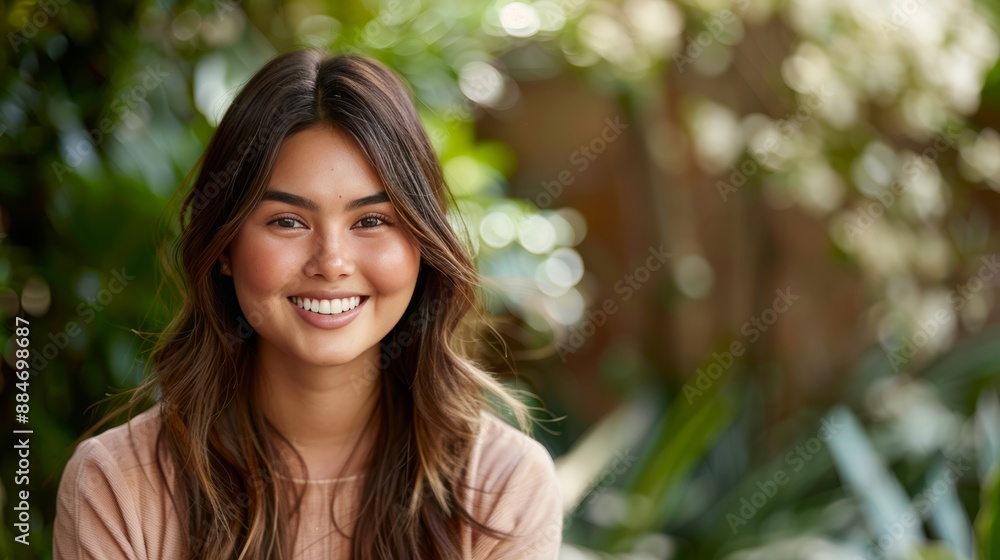 Happy woman smiling at camera with blurred background, expressing joy and positivity Happy woman smiling at camera with blurred background, expressing joy and positivity