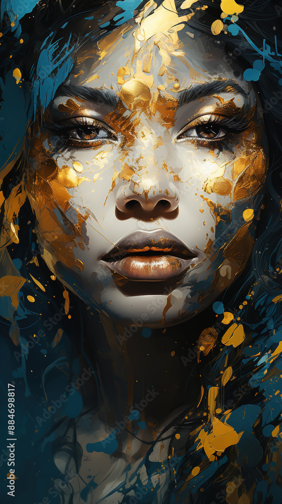 Encaustic Paint of A Beautiful dark Skinned Symmetrical Gorgeous Woman With Eldritch Eyes Facing Forward On Blurry Grunge Background Encaustic Paint of A Beautiful dark Skinned Symmetrical Gorgeous Woman With Eldritch Eyes Facing Forward On Blurry Grunge Background