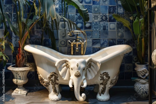 Elegant, whimsical elephantshaped bathtub enhances a luxury bathroom with ornate tiles photo