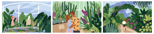 Set of People in botanical garden. Characters, couples and children walk among green plants in greenhouse and natural urban jungles. Flat vector illustration collection isolated on white background
