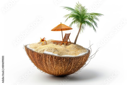 A creative tropical beach scene composed of a coconut fruit transformed into a mini beach with a sun umbrella