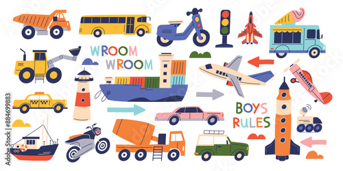 Funny toys vehicles. Set of cute stickers with childrens cars, water transport, airplane, tractor, truck and motorcycle. Baby items for play. Flat vector illustration collection isolated on background