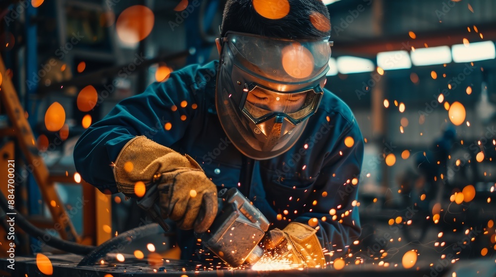 Asian worker using hands in heavy industry with welder, grinder Asian man wearing a mask with his hands cut in heavy industry labor day concept Asian worker using hands in heavy industry with welder, grinder Asian man wearing a mask with his hands cut in heavy industry labor day concept
