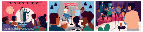 Stand up comedy show. Set of scenes with comedians performing on stage in front of audience. Open mic and life humor. Characters joking. Flat vector illustration collection isolated on background