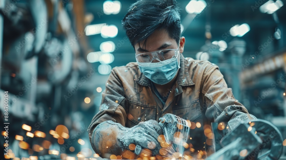 Asian worker using hands in heavy industry with welder, grinder Asian man wearing a mask with his hands cut in heavy industry labor day concept Asian worker using hands in heavy industry with welder, grinder Asian man wearing a mask with his hands cut in heavy industry labor day concept