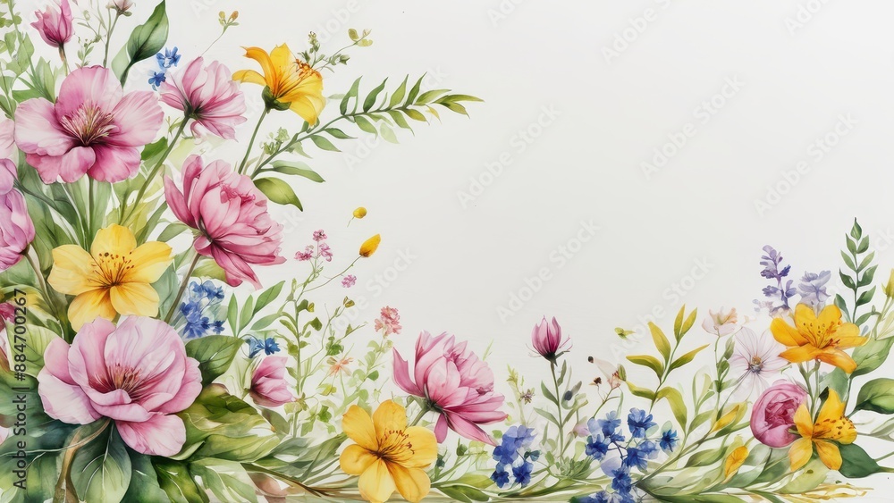 Obraz premium Watercolor Floral Border with Pink and Yellow Flowers.