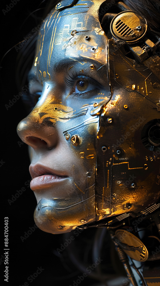 Cyborg With Cybernetic Eyes And Circuitry On Face On Blurry Background Cyborg With Cybernetic Eyes And Circuitry On Face On Blurry Background