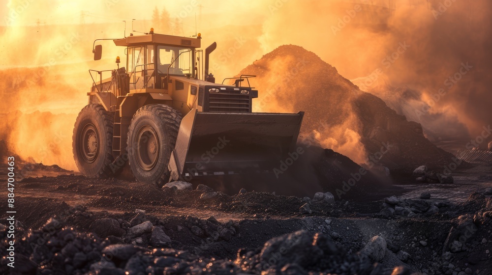 Powerful wheel loader or bulldozer working in a quarry or construction site. Coal dust. Black gold color. Powerful wheel loader or bulldozer working in a quarry or construction site. Coal dust. Black gold color.